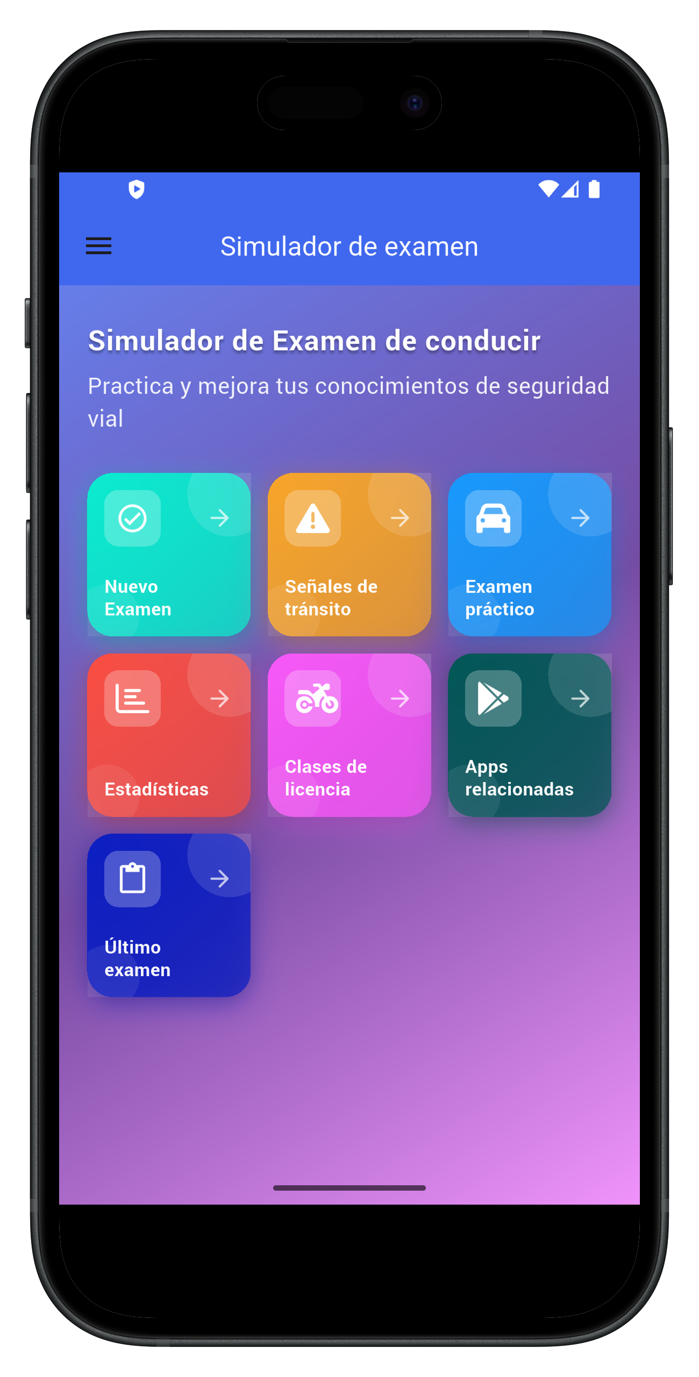 Pantalla principal del simulador de examen teórico